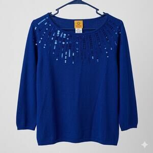 Ruby Rd Womens Size L Blue Sweater Top Sequin Neckline 3/4 Sleeve Rayon Blend